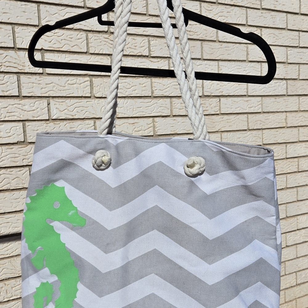 Gray Chevron Tote with Green Seahorse